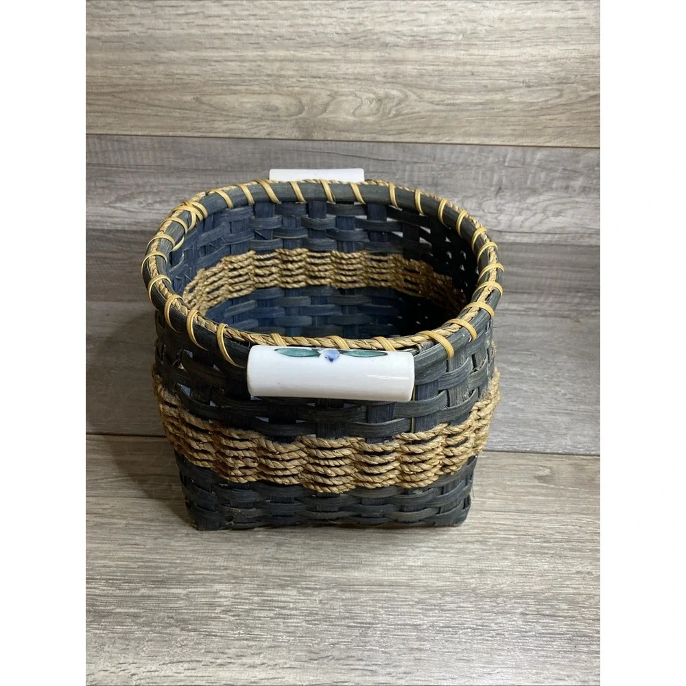 Vintage Bamboo Woven Basket Blue With Porcelain Handle